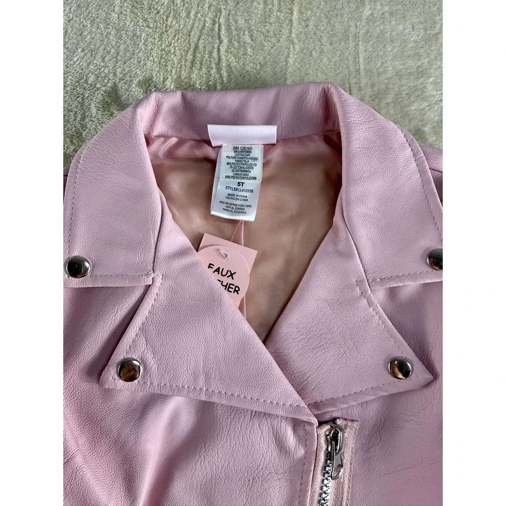 Little Lass Girls Pink Faux Leather Moto Biker Jacket Size 5T‎ NEW